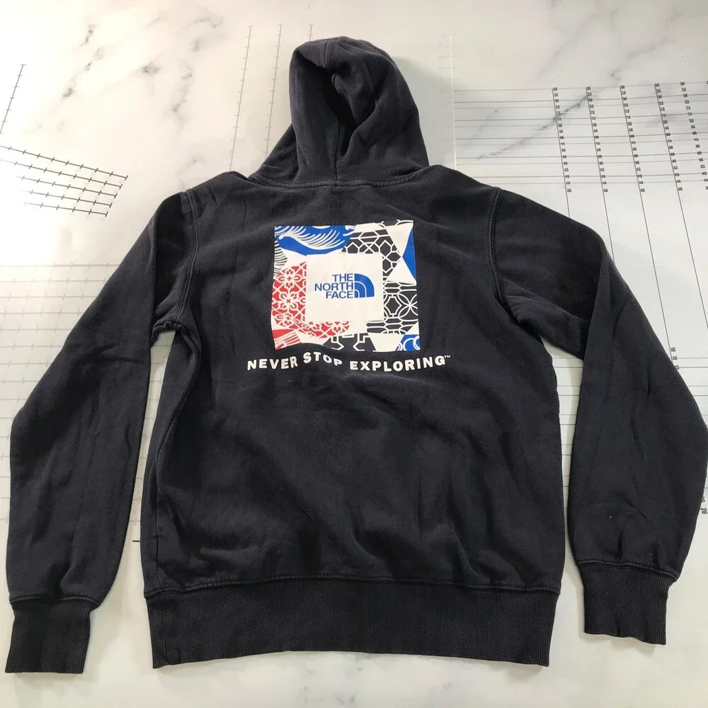 The North Face Hoodie Mens Small Navy Blue Fleece Pullover Back Logo Graphic